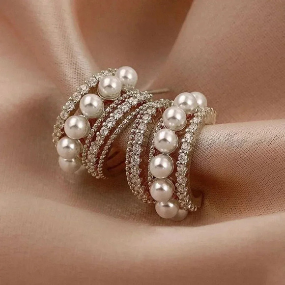 Gold or Silver Pearl Hoop Earrings CZ Diamond Hoops Wedding Party Hoop Earrings - Picture 4 of 4